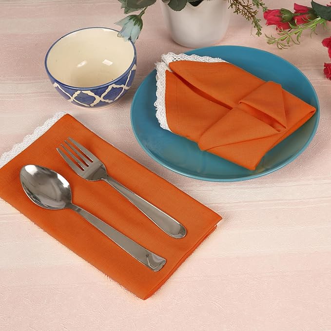 Fingercraft Dinner Cloth Napkin Cotton Linen Blend 12 Pack Mitered Corners with Elegant Lace for Everyday Use Napkins are Pre Shrunk and Good Absorbency (Rust, 20in x 20in (Set of 12))