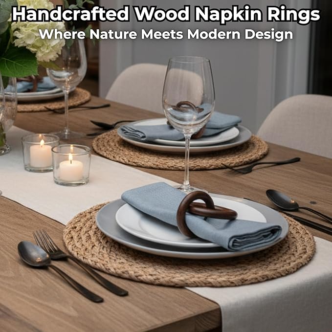 ALPHA Living HOME Wooden Napkin Rings Set of 12 - Natural Wood Napkin Holders for Table Decor, Rustic Wedding Decor, Farmhouse Dining Accessories, Handmade Round Napkin Rings (Brown)