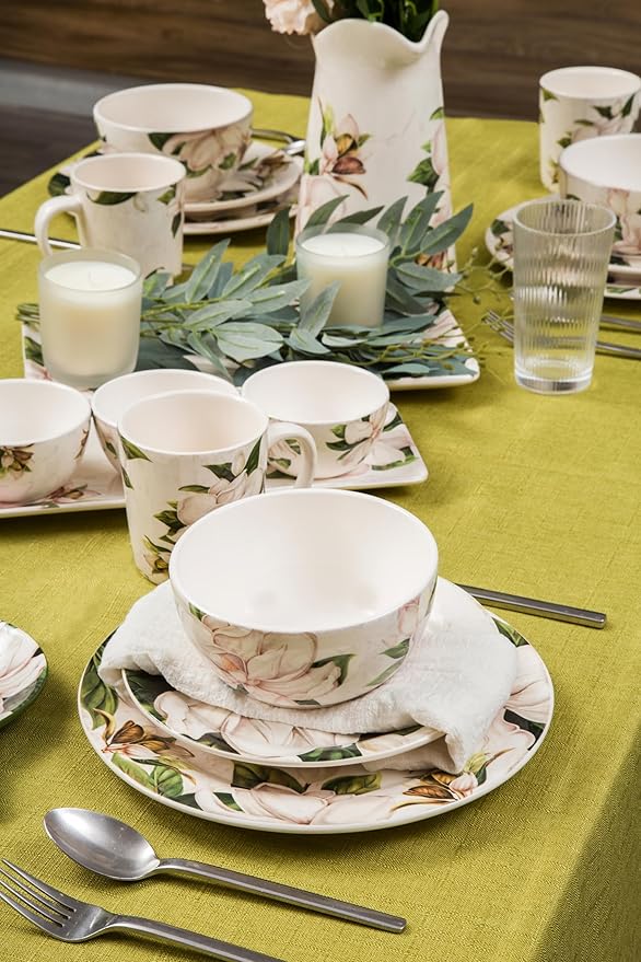 Bico Magnolia Floral Cereal Bowls Set of 4, 26 oz Deep Ceramic Soup Bowls for Cereal, Salad, Noodles, Kitchen, Microwave and Dishwasher Safe, Gift for Housewarming and Thanksgiving