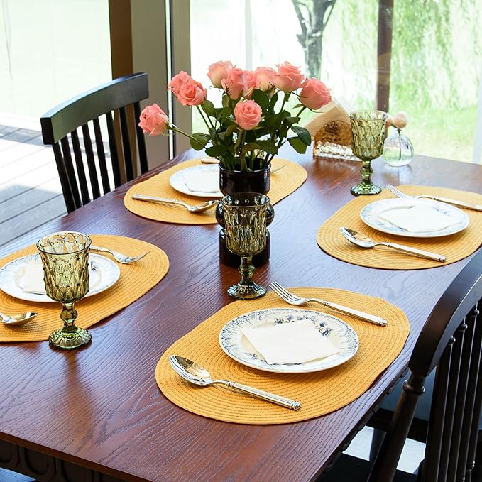 Noctiflorous Oval Braided Placemats Set of 6 Woven 12x18 Inch Non Slip Washable Heat Resistant Place Mats Round Tablemats for Dining Kitchen Party Daily Table Decor Dinner Mats (Solid Yellow, 6)