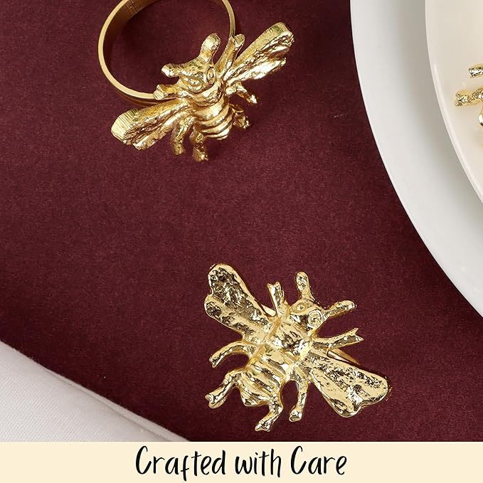 ALPHA Living HOME 12 Pcs Bee Napkin Rings - Decorative Metal Napkin Rings Table Decor Dining Table Cloth Napkin Holder for Christmas Wedding Holidays Dinners Party Supplies Everyday Use (Gold)