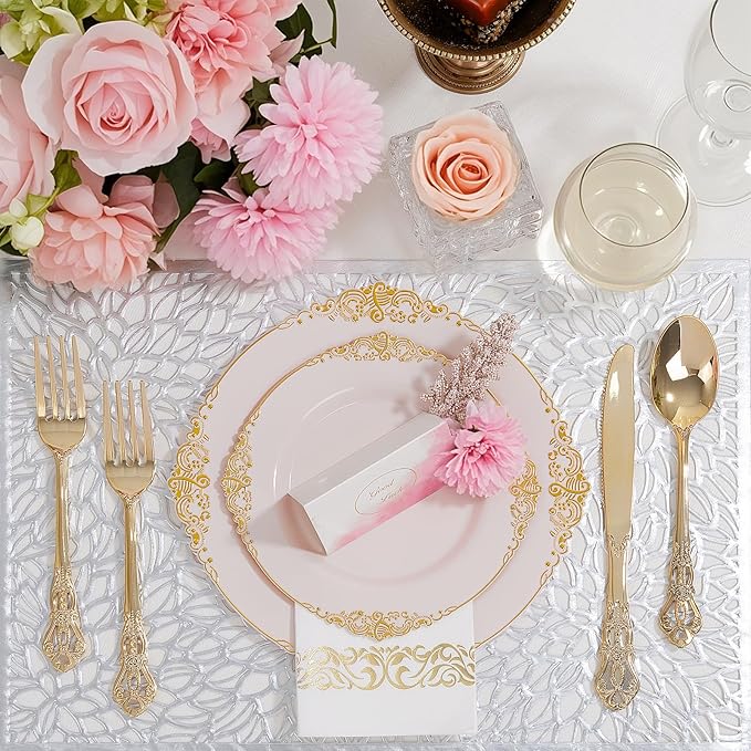 Ciaell 300PCS Pink and Gold Plastic Plates - Pink Disposable Dinnerware Sets for 50 Guests - 100 Plates, 50 Knives, 50 Forks, 50 Spoons, and 50 Napkins for Wedding, Party & Valentine's Day