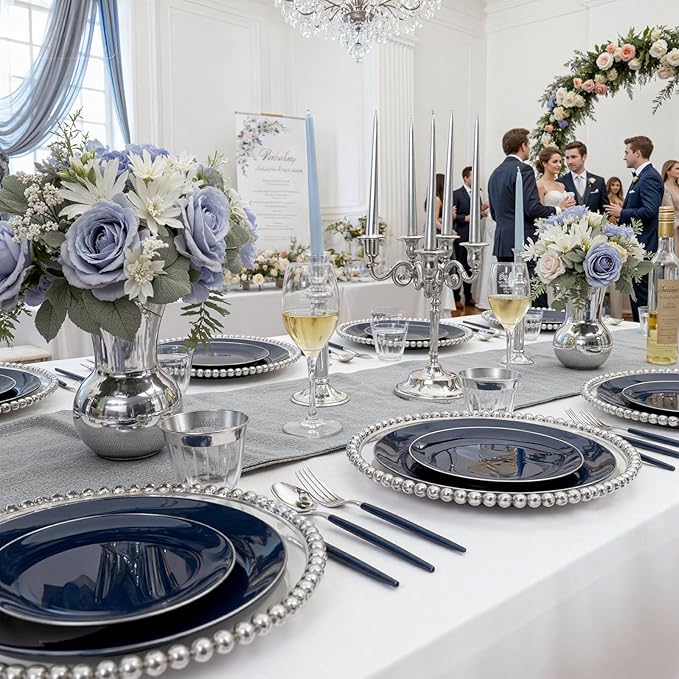 KIRE 175Pcs Blue Plastic Plates with Silver Rim & Disposable Silverware with Blue Handle & Silver-rim Cups & Hand Napkin & Plastic Dinnerware for Parties/Wedding