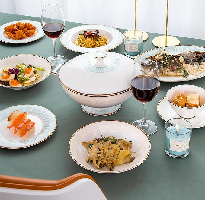Fine Bone China Dinnerware Set,Porcelain&Ceramic Dinnerware Sets,Bone Stoneware & Ceramic Cookware Tableware Set Includes Dinner Plates|Spoons|Pasta Bowls|Soup Pot|Chopsticks (42PCS * 8-Person Set)