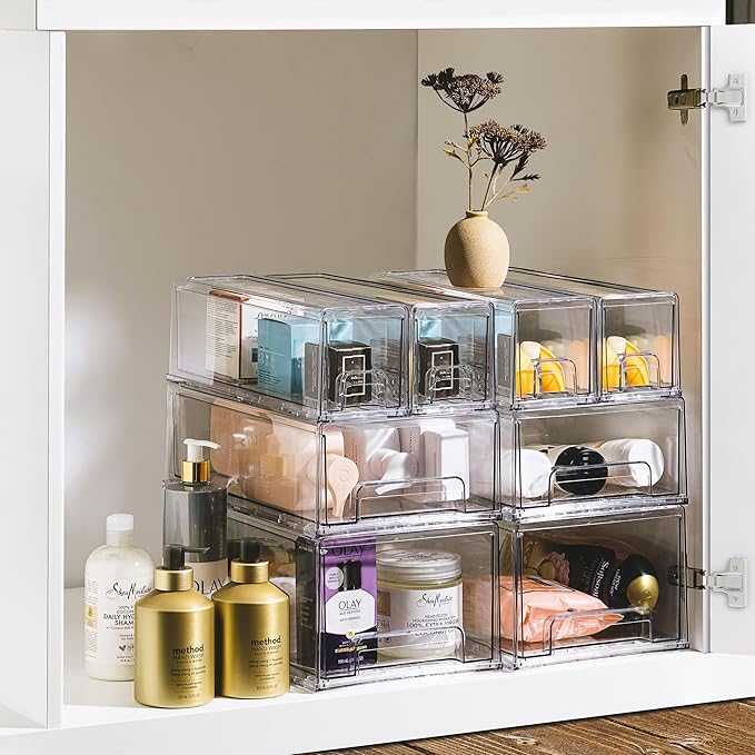 Sorbus 1 Large & 2 Small Clear Stackable Storage Drawers – Plastic Organizer Bins with Handles – Stackable Pull-Out Storage Drawers for Closet, Pantry, Office, Bathroom, Craft, and Toy Organization