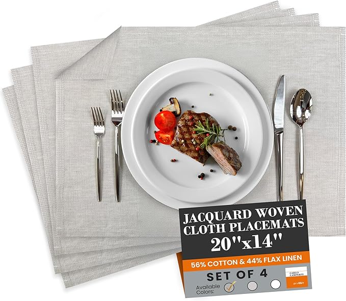 Premium European Cloth Table Linen Placemats - 56% Cotton 44% Linen Fabric, Jacquard Woven Design - for All Occasions or Daily Use - Machine Washable - Carlo Lamperti Italy - Sage, 20"x14" (Set of 4)