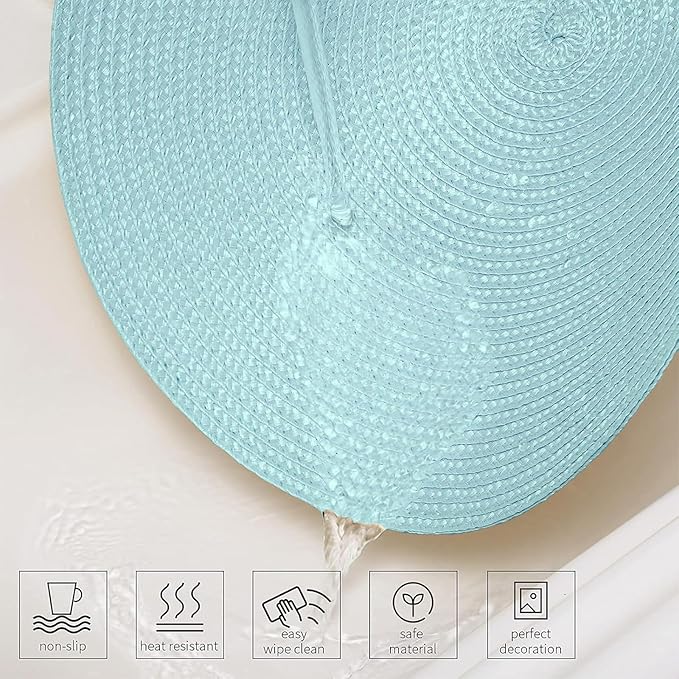 AHHFSMEI Round Braided Placemats 15 Inch Round Table Mats for Dining Tables Natural Woven Heat Resistant Place mats Set of 6 (Light Teal)