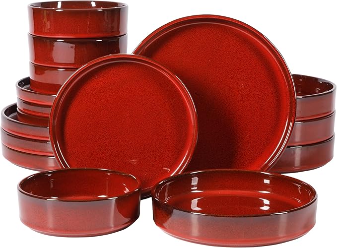 Bloomhouse - Two Time Oprah's Favorite Things Winner - Santorini Mist Double Bowl Terracotta Reactive Glaze Plates and Bowls Dinnerware Set - Garnet Red, Service for Four (16pcs)
