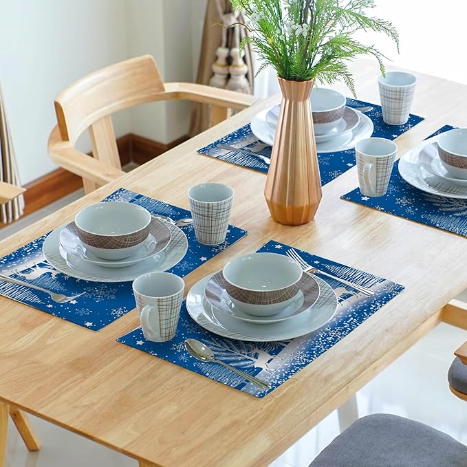 Xmas Placemats Set of 4 - Winter Navy Blue Place Mats 12x18 Table Mats White Forest Snowflake Reindeer Kitchen Mats for Party Dining Table