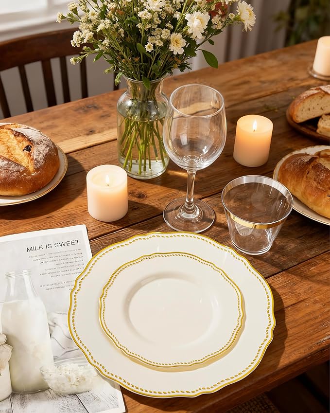 Hioasis 60PCS Ivory Plastic Plates - Ivory and Gold Disposable Dinnerware with Gold Rim, Heavy-duty, 7 inch, Dessert Plates for Party & Wedding