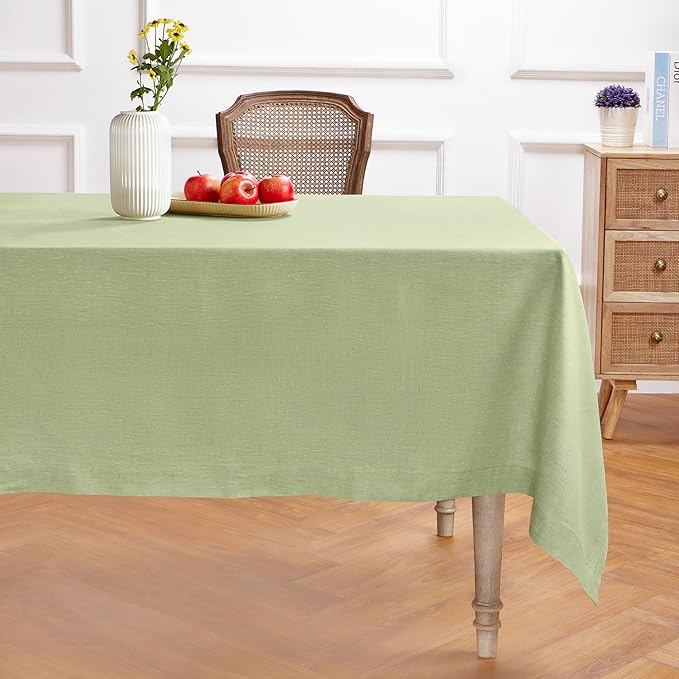Solino Home Linen Tablecloth 60 x 156 Inch - 100% Pure Linen Chambray Olive Table Cloth for Rectangular Tables - Athena, Machine Washable Cloth Tablecloth for Spring, St Patricks Day
