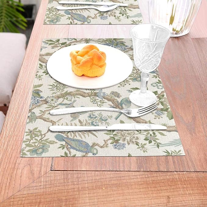 Chinoiserie Floral Place mats Set of 4, 12x18 Inches Green Blue Birds Flower Decorative Placemats Rectangle Floral Table Mats for Party Home Kitchen Dining Table Decoration