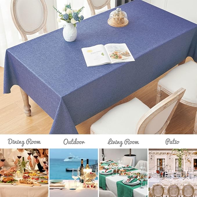 Rectangle Tablecloth Linen Textured Waterproof & Stain Resistant Table Cloth Wrinkle Free Decorative Fabric Farmhouse Table Cover for Dining/Party/Buffet/Wedding, 60 x 144 Inch, Demin Blue