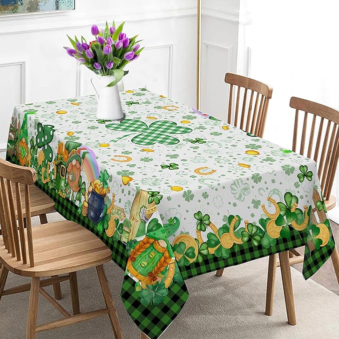 St. Patrick's Day Round Tablecloth, 70 Inch with Shamrock Gnome, Buffalo Check Plaid Kitchen Table Cover for Dining Room Indoor Decor