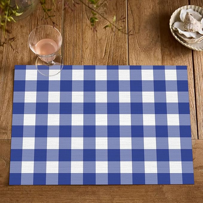 Artoid Mode Buffalo Plaid Vinyl Placemats Set of 4, 12x18 Inch Washable Non-Slip Heat Resistant Plastic Place Mats for Party Dining Table, Naxy Blue/White