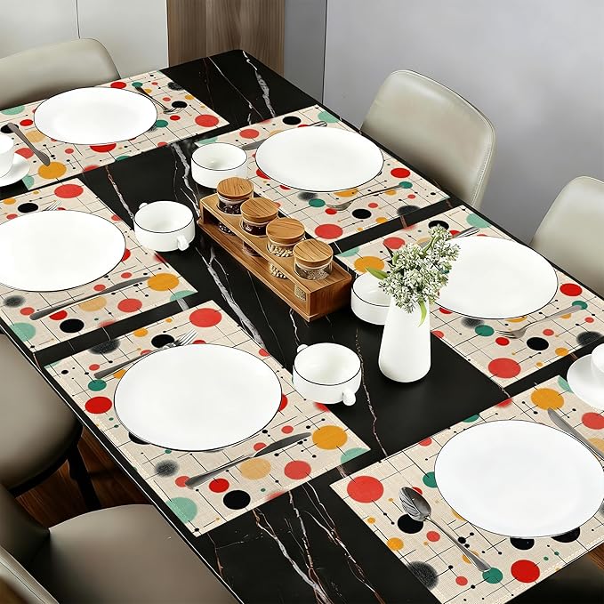Mid Century Table Placemats Set of 6,Non-Slip Vintage Fabric Placemats for Dining Room Kitchen Party Holiday, Indoor Cloth Table Mats for Home Decor 11.8x17.7 Inch