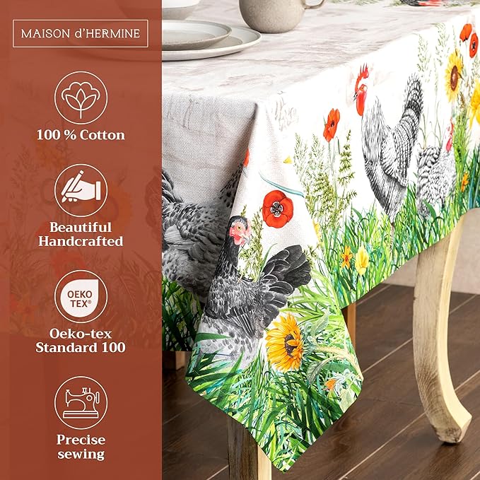 Maison d' Hermine Table Cloth Rectangle Table 100% Cotton 70 x 108 Inches Tablecloth Reusable Decorative for Dining Room Farmhouse Home Valentines Day Decorations Spring Summer - Basse Cour