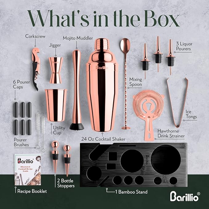 Barillio Rose Gold Bartender Kit - Stainless-Steel Cocktail Shaker Set w/Black Bamboo Stand - Mixology Bar Tools w/Drink Shaker, Mixer, Muddler for Cocktails - Home Bar Accessories - 23-Pc Bar Set