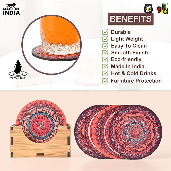 Coaster Set of 6 Fine Mandala Art Wooden Coasters with Proper Coaster Stand Set Fit for Tea Cups, Coffee Mugs and Glasses (3.5 X 3.5 Inch, Fine Mandala Design) Rangoli