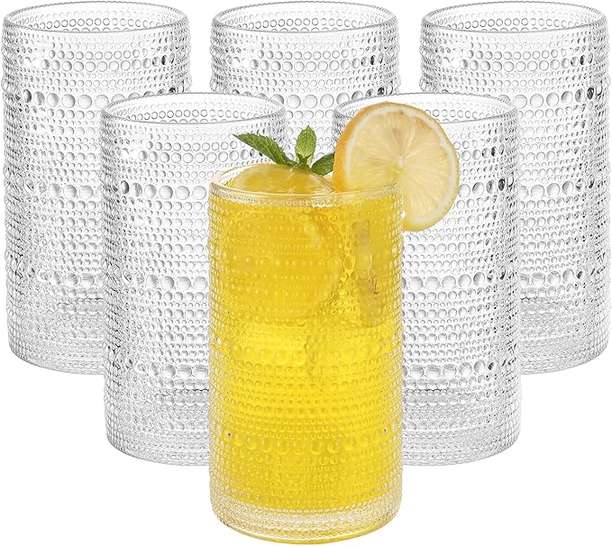 Vintage Hobnail Drinking Glasses Set of 6, 16 oz Large Capacity Embossed Clear Tumblers, Highball Glasses for Water, Cocktail, Beer, Whiskey, Kitchen & Bar Use