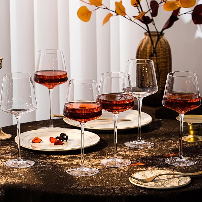 White Red Wine Glasses Set of 6 – 19oz Wine Glasses with Tall Long Stem,【Hand Blown】Crystal Wine Glasses- Square Wine Glasses with flat bottom,Thin Stem Wine Glasses,Clear Lead-Free Premium large
