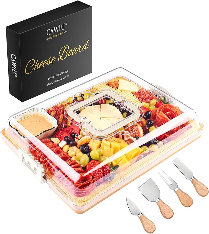 Charcuterie Board with Lid and Handle - Portable Travel Design Bamboo Cheese Board Set with 4 Cheese Tools, Gift for Housewarming, Weddings, Picnics (1 Compartment, White)