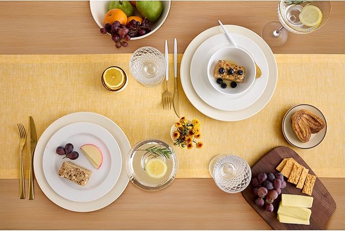 Solino Home Linen Small Table Runner 60 Inches - Athena, 100% Pure Linen Chambray Mustard Yellow Table Runner 14 x 60 Inch Ideal for Dresser and Coffee Tables, Spring, Easter