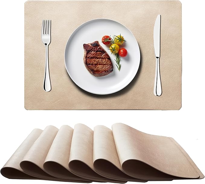 Cowhide Pattern PU Leather Placemats Set of 6 Heat Resistant Kitchen Table Mats, Non-Slip Dining Table Decorations, Double-Sides Waterproof Wipeable Place mats(Beige)