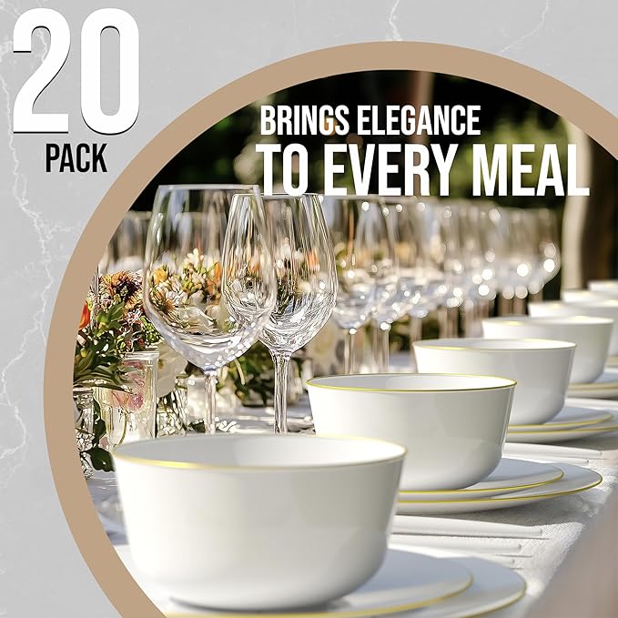 Trendables Disposable Bowls - 24 Oz Set of 20 in White with Gold Rimmed Fancy Plastic Serving, Ice Cream and Salad Bowls