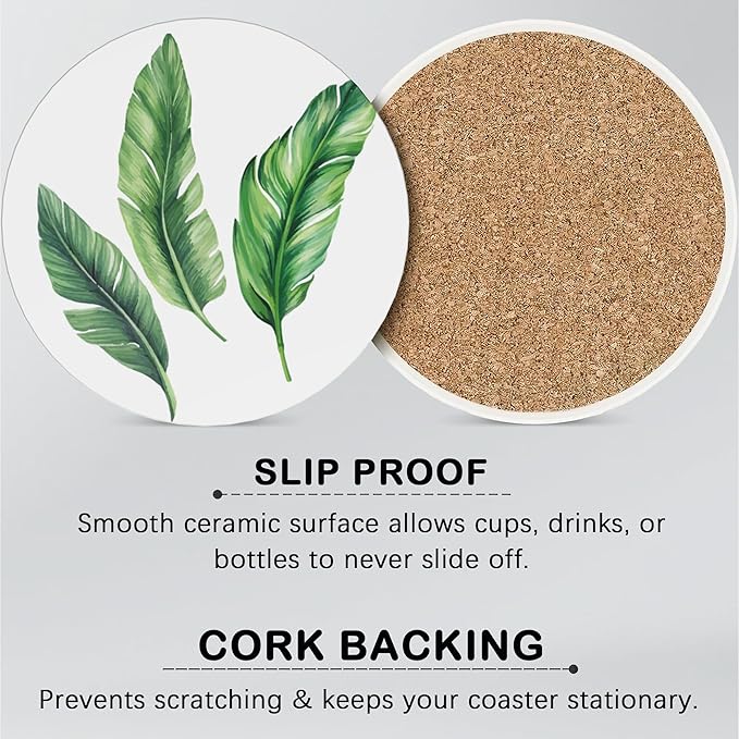 Coasters for Drinks Absorbent with Holder,Green Leaves Sets of 6 Durable Cup Coaster for Coffee Table Protection,Great Housewarming Birthday Gifts,Home Decor