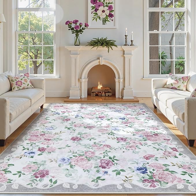 Lahome Vintage Floral 8x10 Rugs for Living Room,Large Boho Washable Rugs,Low Pile Bedroom Rug 8x10 Under Bed Carpet for Nursery Playroom Dining Room (Purple/Grey)