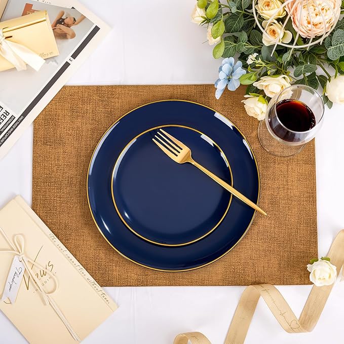 bUCLA 100PCS Blue Plastic Plates - Navy Blue Disposable with Gold Rim, Include 50 Each (10 inch Dinner & 7 inch Dessert) Plates, Ideal for Party and Hanukkah