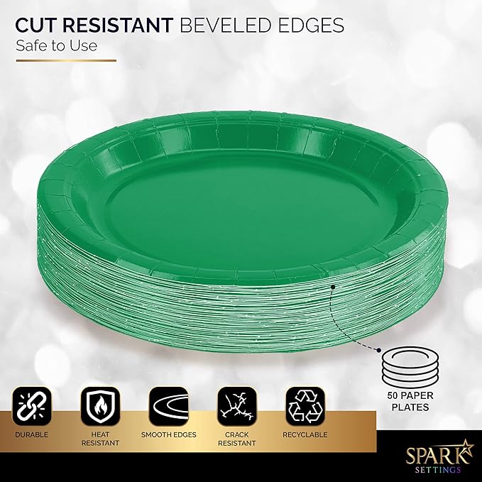 Disposable Paper Plates Green, 7 Inch Paper Dessert Plates, Strong and Sturdy Disposable Plate for Party, Dinner, Holiday, Picnic, or Travel Party Plate, Pack of 50