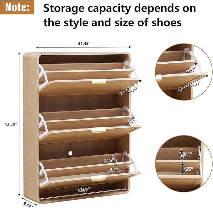 Narrow Hidden Shoe Organizer Cabinet Storage for Entryway, Modern Slim and Skinny Shoe Rack Cabinet with Flip Drawers for Entrance, Hallway - Natural