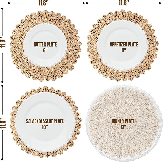 11.8" Corn Husk Woven Round Placemats Set of 4 - Wicker Boho Farmhouse Placemats - Rattan Table Mats Like Water Hyacinth for Dining Table, Wedding, Home
