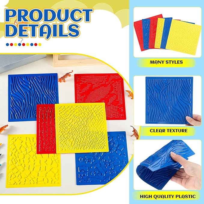 Colingmill 6 Set Textured Rubbing Plates for Kids Art 7 Inch Animal Texture Rubbing Plates Snake Giraffe Zebra Lizard Elephant Leopard Skins Painting for Art Projects DIY Fun Gift
