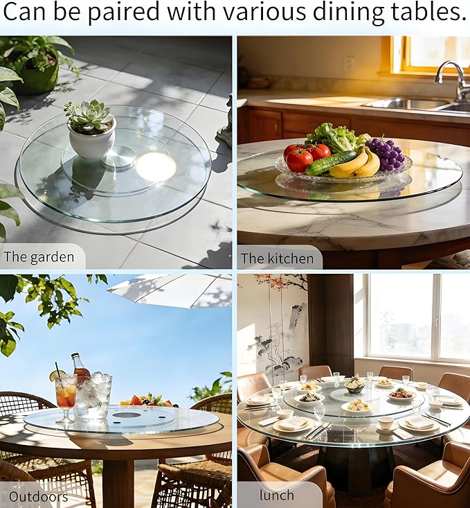 28" Glass Lazy Susan for Dining Table, Glass Turntable Table Centerpiece with 6 Rotating Wheels, 360° Smooth and Silent Spin Tabletop Rotating Tray, for Family Gatherings, Banquets, Weddings, 72 cm