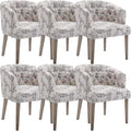 Mid-Century Modern Dining Chairs Set of 6, Tufted Upholstered Linen Dining Room Chairs with Wooden Legs, Floral Pattern