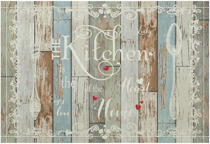 Vintage Farmhouse Placemat Set, Green Blue Rustic Wooden Plank Art Sketch Cutlery Knife Fork Inspirational Quotes Pattern Home Decor Linen Table Mats for Dining Room Kitchen Party (17x12in) x2P