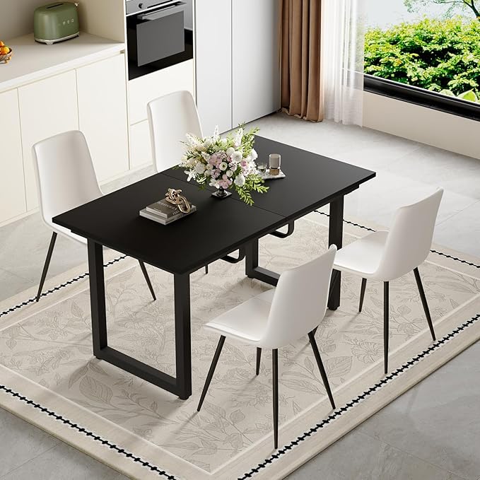 Extendable Dining Table Set for 4, 55"–71" Modern Black Kitchen Table with 4 Upholstered Chairs, Space-Saving for Living Room Apartment, Sturdy & Comfortable, Easy Assembly