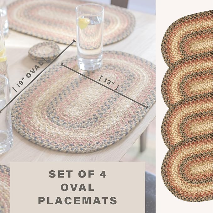 Homespice Russet Jute Braided Oval Placemats, Warm Country Decor, Set of 4, 13x19 Multicolor Table Mats - Vibrant Colors, Durable, Easy to Clean and Protects Furniture