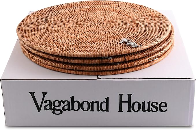Vagabond House Large Woven Rattan Placemats Set of 4, Durable Wicker Placemats with Pewter Anchor Accent, Quality Rattan Chargers, Ideal for Coastal Beach Home
