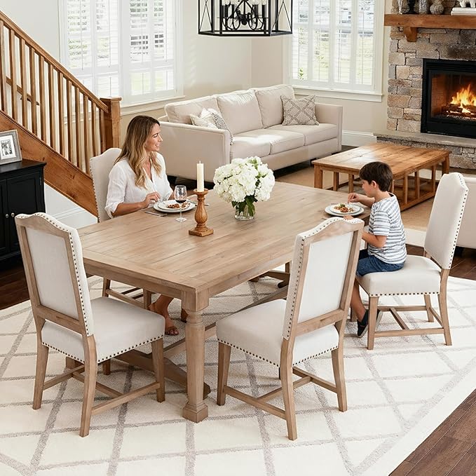 CIMOTA Mid Century Modern Dining Chairs Set of 4, Farmhouse Upholstered Dining Room Chairs Comfortable Kitchen Side Chairs with High Back/Natural Solid Wood Frame, Linen Beige