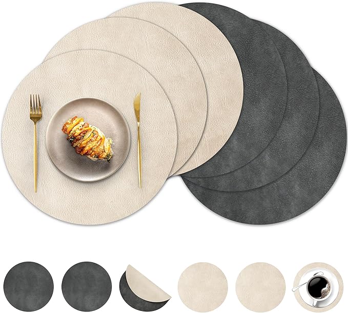 Round Placemats and Coasters Set of 6, Washable Reversible Faux Leather Placemats Cowhide Pattern Place Mats Wipeable Non-Slip 15 inch Round Kitchen Dining Table Mats (Gray Beige, 6)