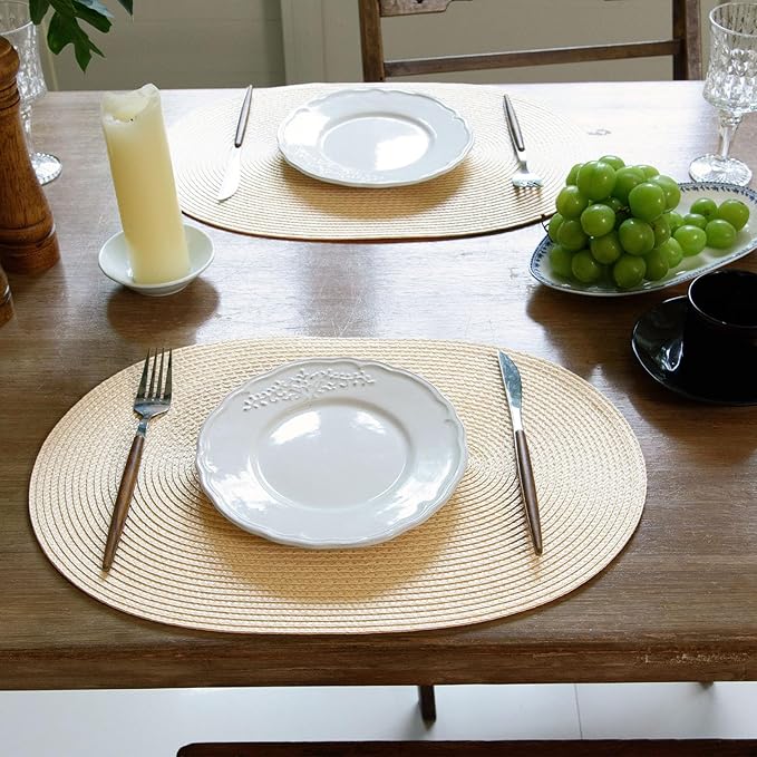 FunWheat Oval Braided Placemats Set of 4 Table Mats for Dining Tables Washable Heat Resistant Place Mats for Indoor Outdoor Use 12 x18 Inch(Oval Beige, 4pcs)