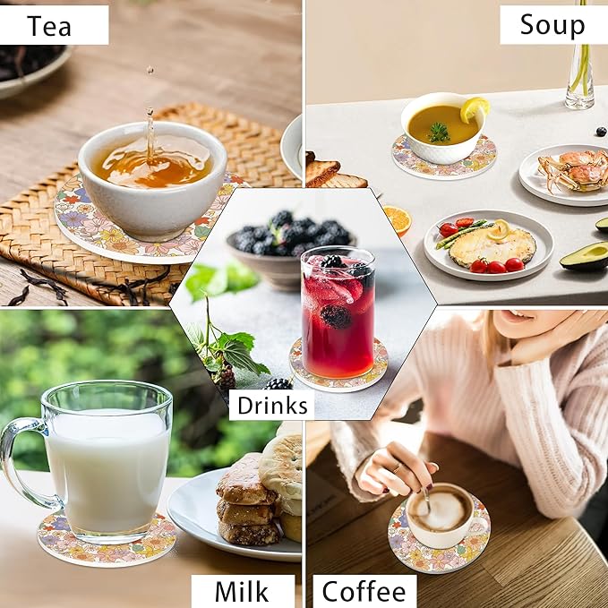 Coasters for Drinks Absorbent with Holder,Retro 70s Floral Sets of 6 Durable Cup Coaster for Coffee Table Protection,Great Housewarming Birthday Gifts,Home Decor