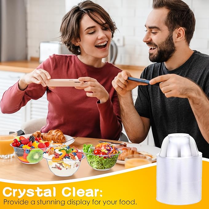 100 Packs 8.5 oz Clear Plastic Bowls Disposable Plastic Bowls for Parties Weddings Serving Container for Candy, Soup, Dessert, Salsa, Ice Cream, Popcorn, Chip