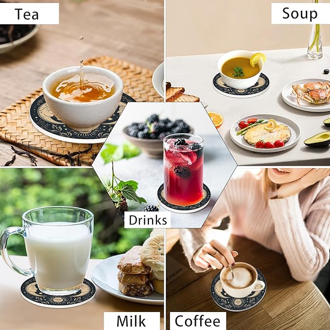 Drink Coasters for Drinks Set of 6,Golden Sun and Moon Absorbent Round Ceramic Stone Mat Coaster,with Cork Base and Metal Holder, Home Bar Decor House Warming Gift