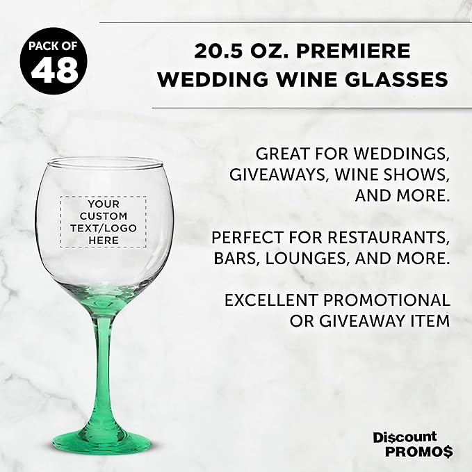 Custom Premiere Wedding Wine Glasses 20.5 oz Set of 48, Personalized Bulk Pack - Restaurant Glassware, Perfect for Red Wine or White Wine - Green