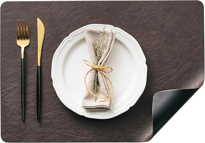 DOLOPL Placemats Set of 4 Reversible Dual-Color Table Placemats – Heat Resistant Wipeable & Brown Placemats, Luxury Faux Leather Table Mats for Vintage Dining Table Decor（Dark Brown & Black）